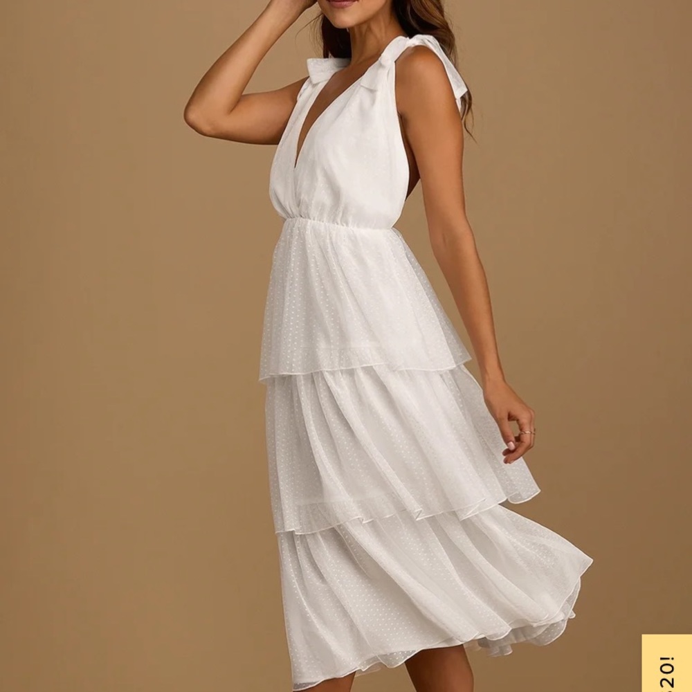 Made a Wish White Swiss Dot Tiered Tie-Strap Midi Dress
